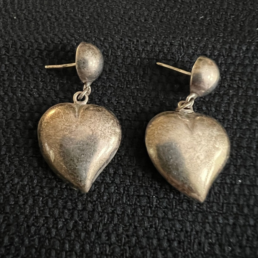 Vintage 925 Sterling Silver Puffy Heart Dangle Drop Earrings Small Cottagecore